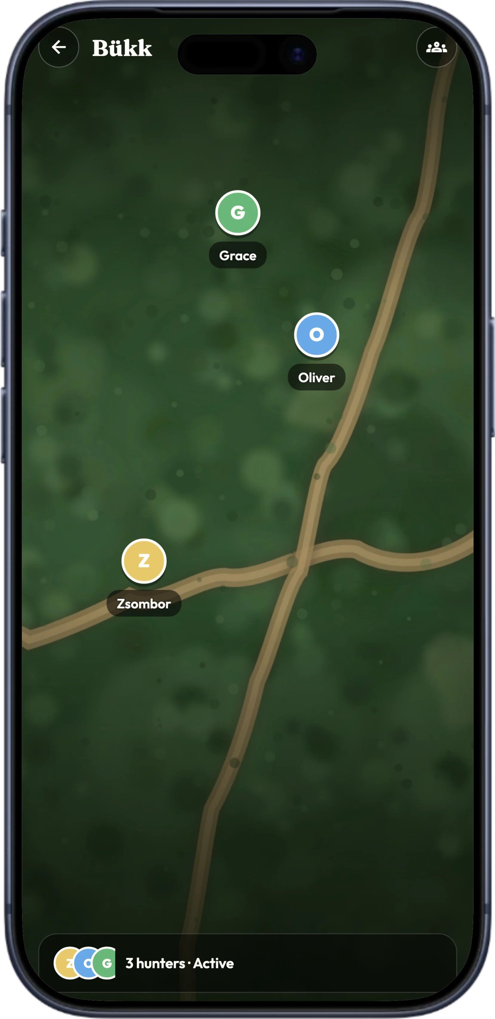 A hunt shared with friends in HunTracker, showing everyone on one map