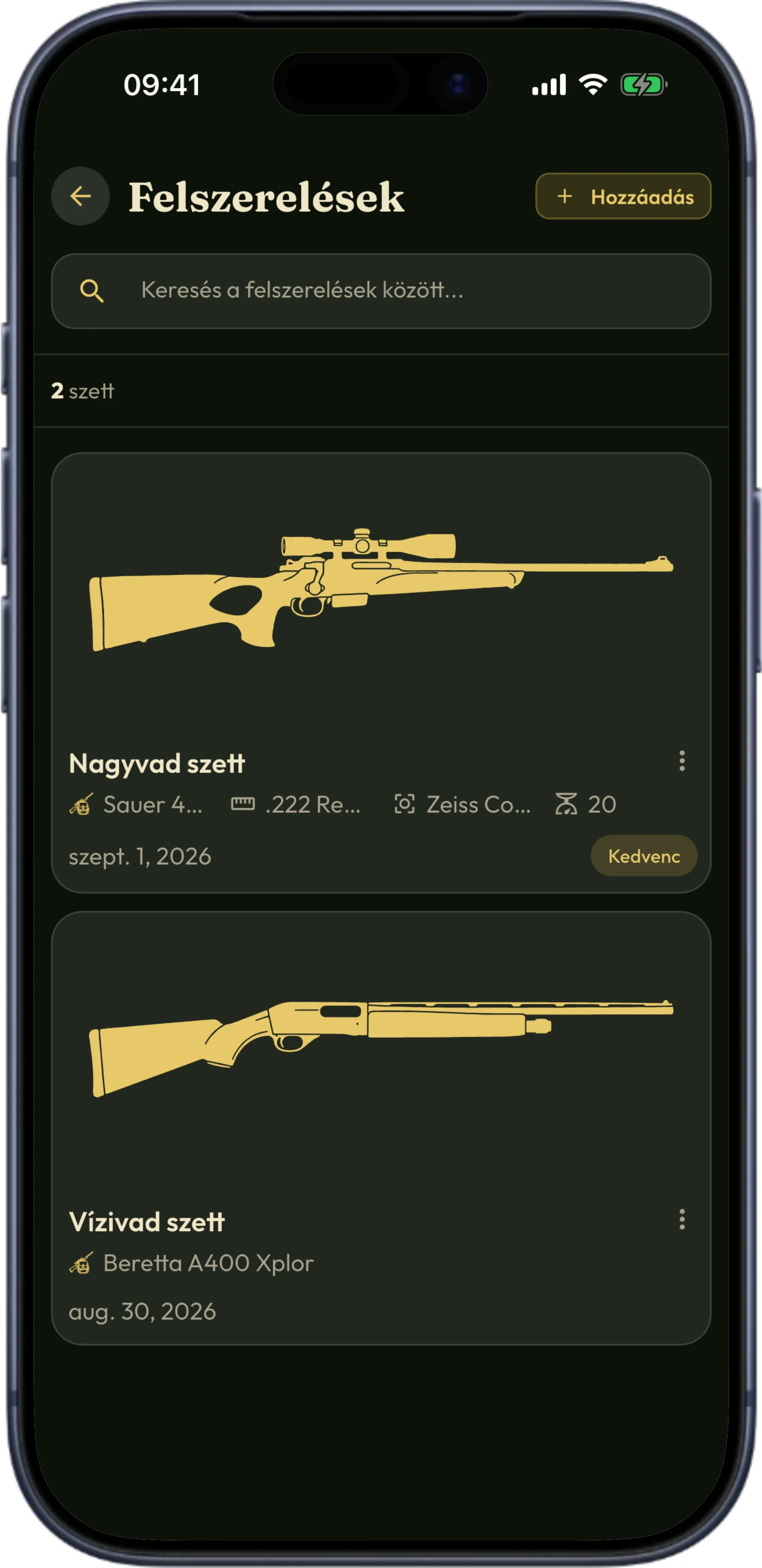 The equipment list in HunTracker on an iPhone, showing rifles and equipment sets