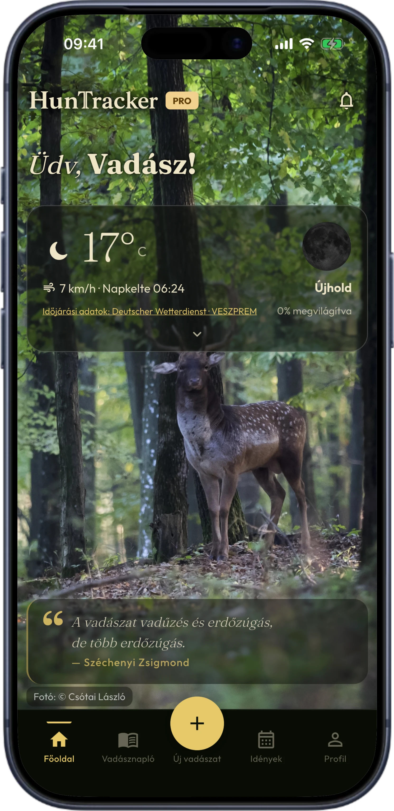 The HunTracker home screen on an iPhone, showing the current hunting season and recent hunts