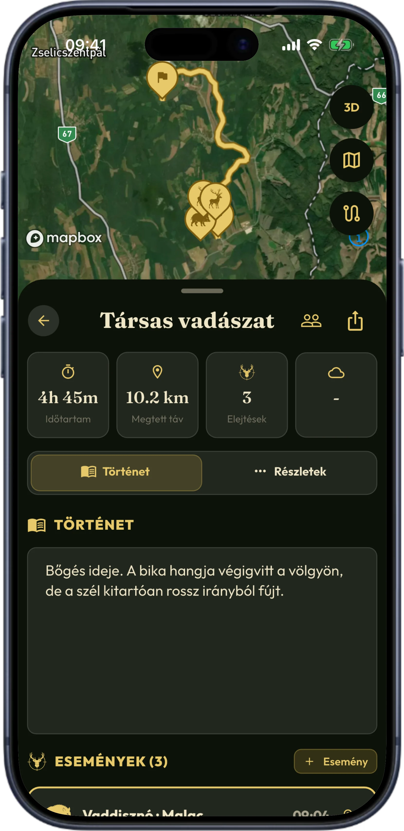 A recorded hunting path drawn on the map in HunTracker on an iPhone