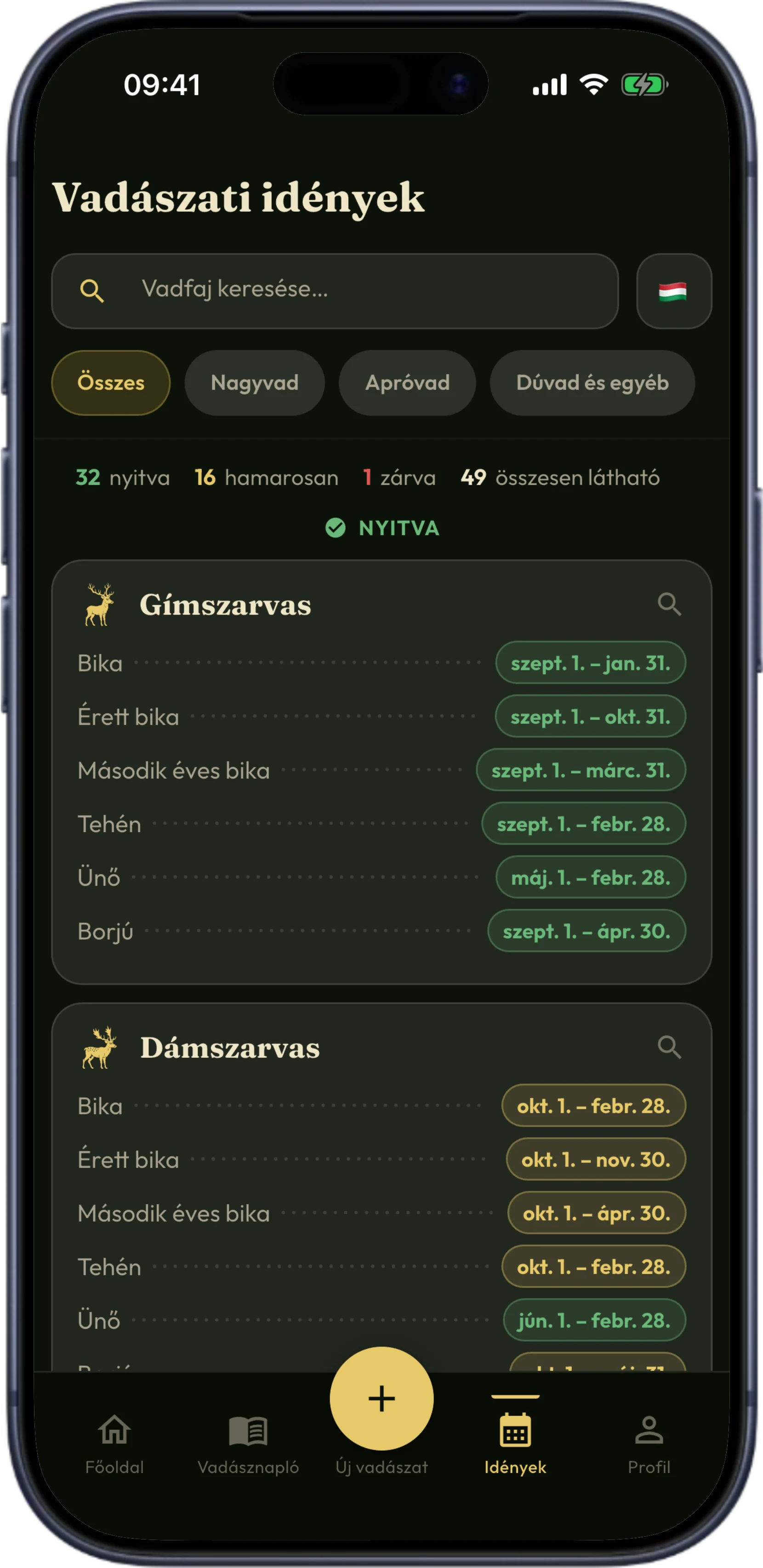 The hunting seasons screen in HunTracker on an iPhone, listing species and their open dates